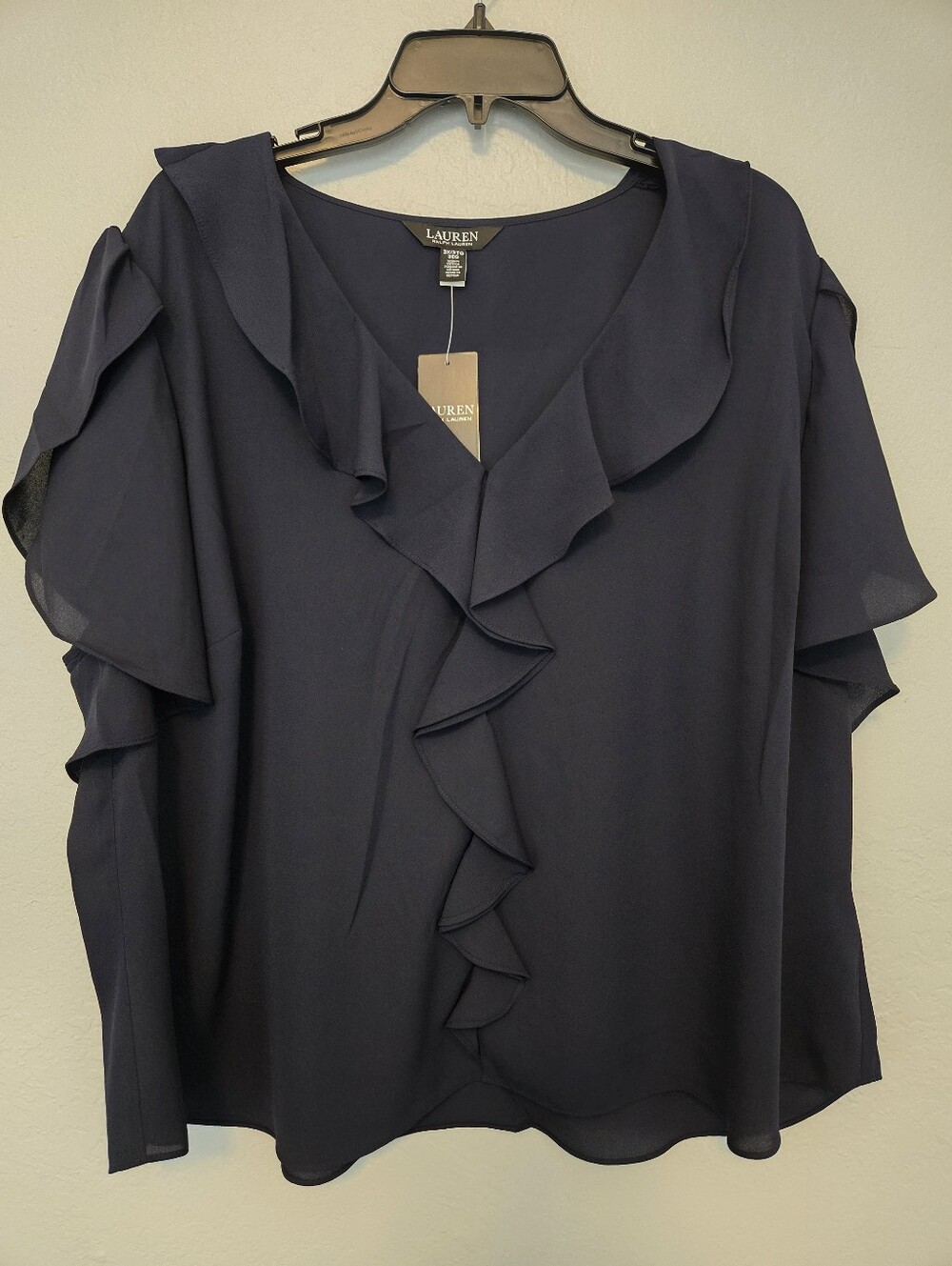 Lauren Ralph Lauren Navy Cascade Ruffle V-Neck Blouse, Size 3X, Sheer Fabric - Picture 2 of 4